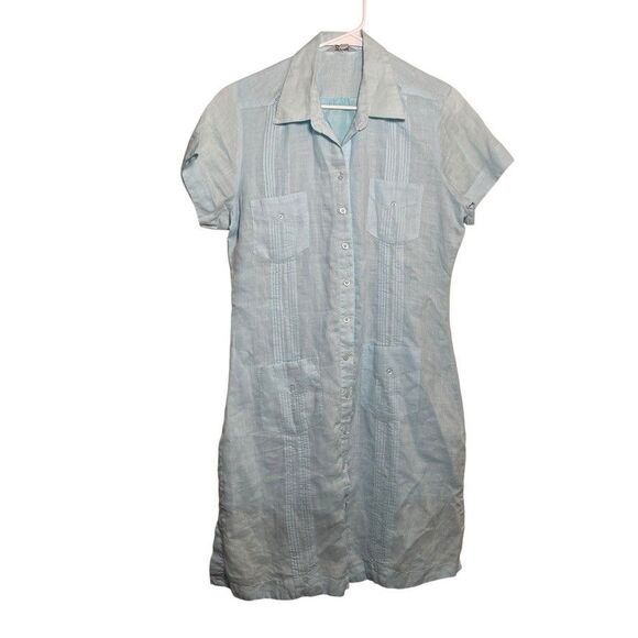 Le Gala Dress Women's Large Blue Button Up Shift Linen Short Sleeve Preppy - Picture 1 of 8